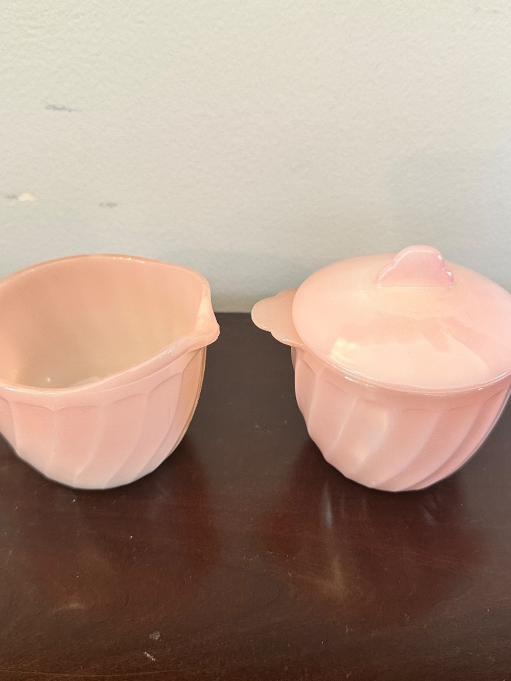 Vintage 1950's Fire King Pink Swirl Oven Ware Sugar Bowl & Creamer Set